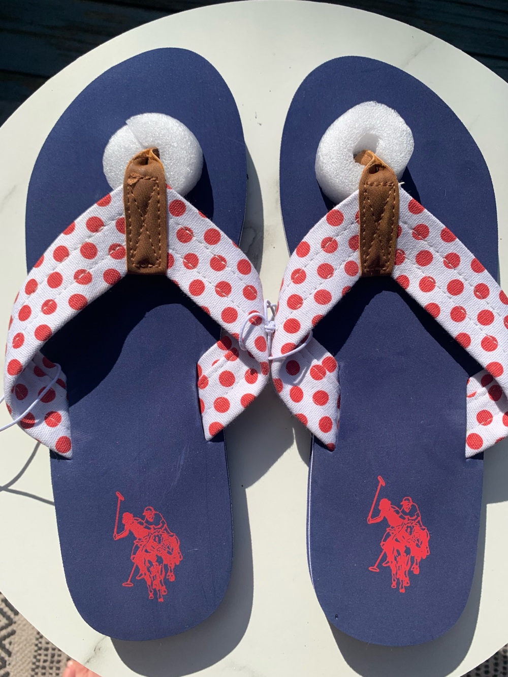 U.S. Polo Assn. Navy Blue Flip Flop Sandals with Red Polka-Dot Straps WOMENS
